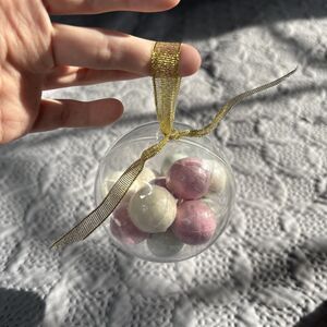 Holiday Ornament Clear Ball with Mini Bath Bombs Gift Set Pink White Gold Ribbon